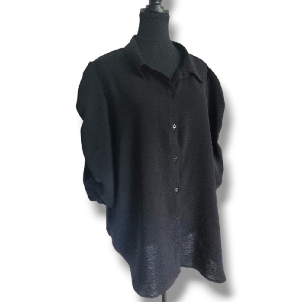 Calvin Klein Button-Up Blouse, Black with Ruched Sleeves, XL Relaxed Fit